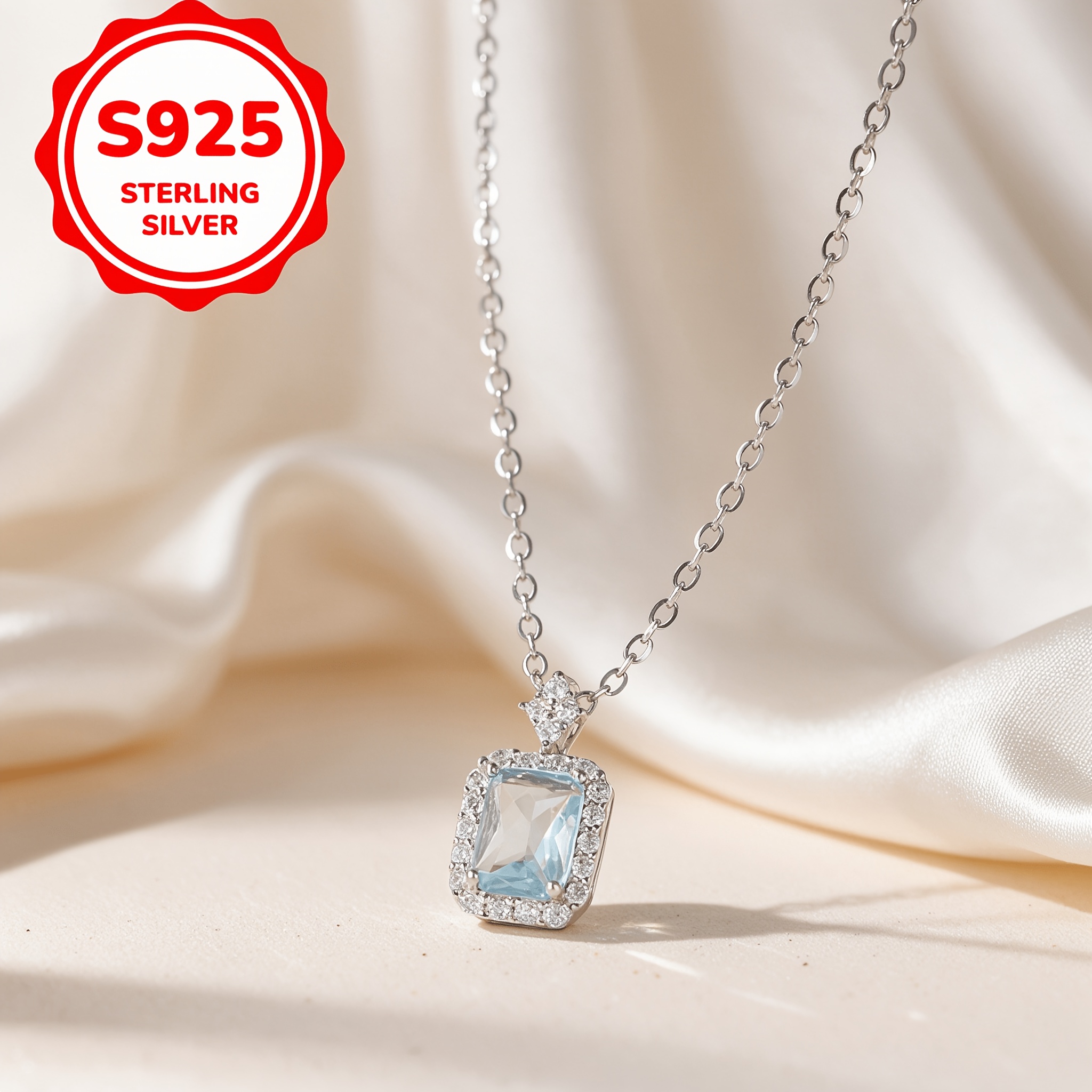 Women's 925 Sterling Silver Teal Blue Square Pendant Necklace